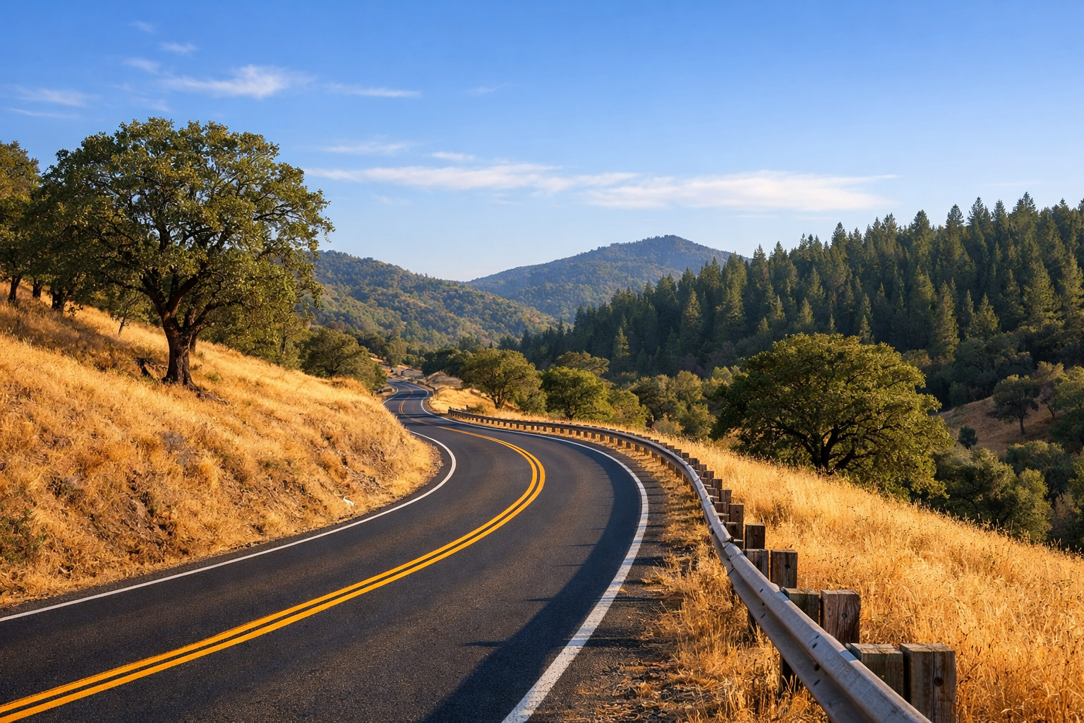 Highway 49 winding through the Sierra Nevada foothills