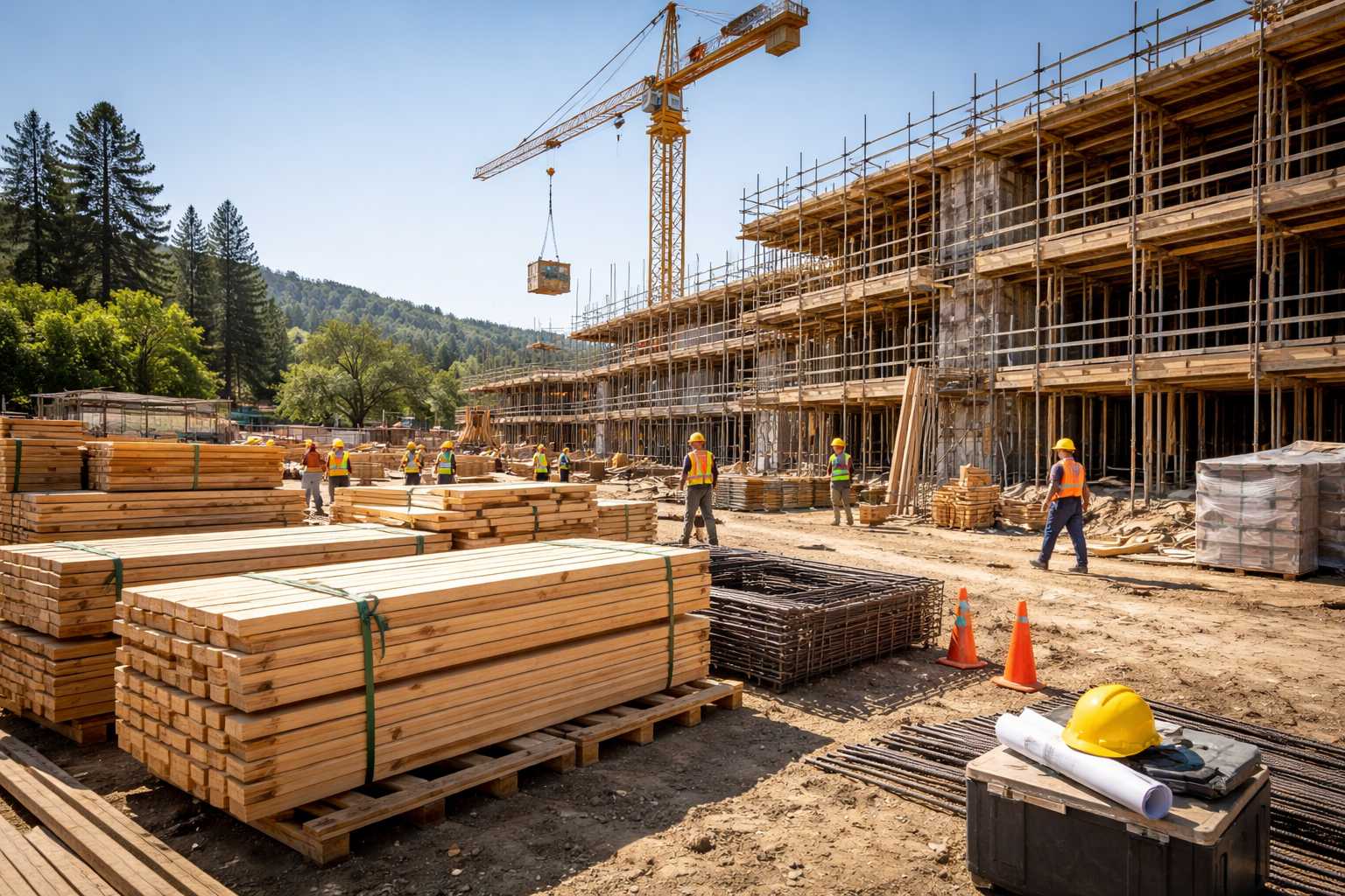 Construction site with workers and building framework