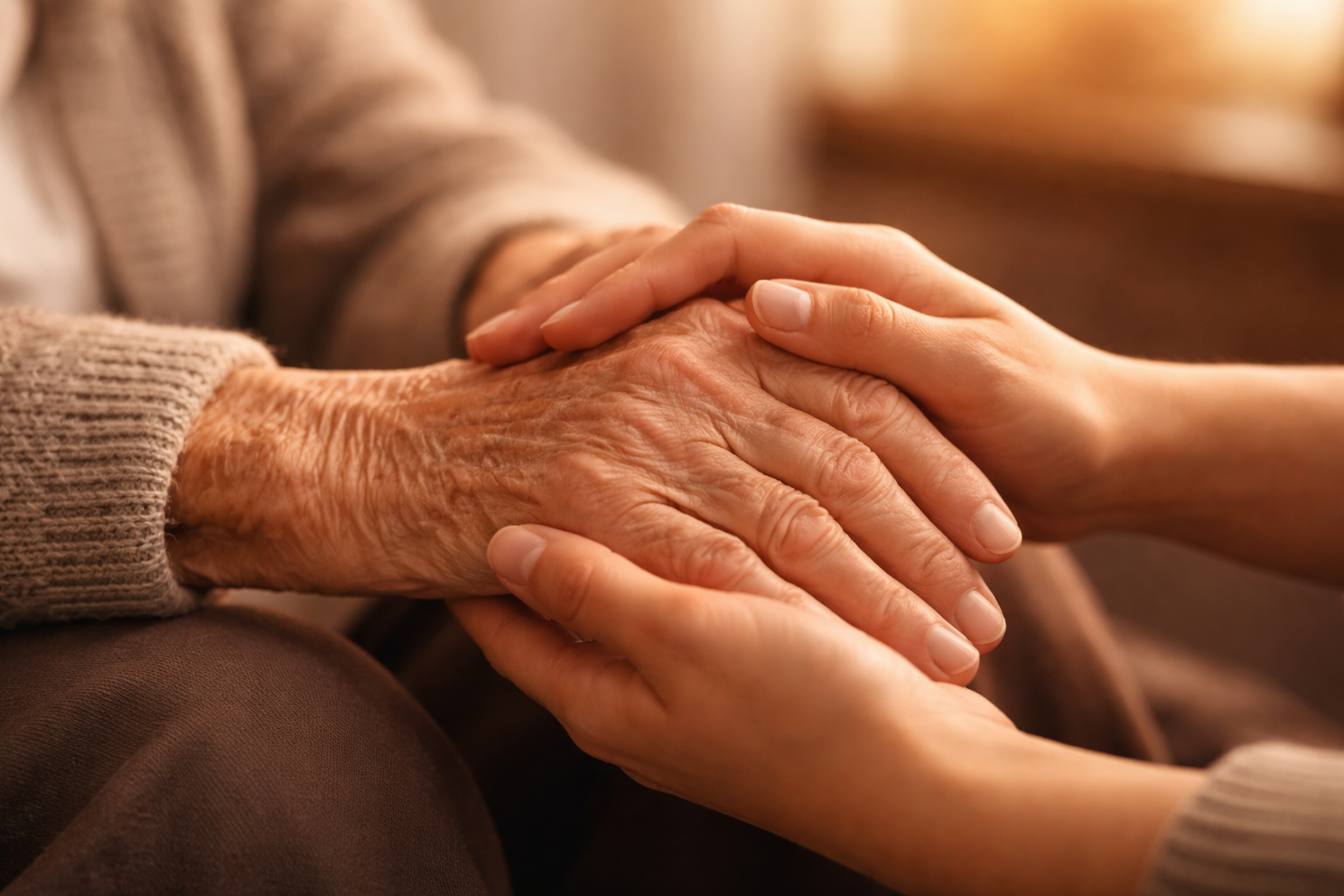 Elderly person's hands being held with compassion